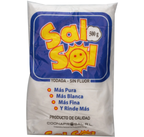 Sal refinada con flúor y yodo, Marca Sol, Bolsa 500 g