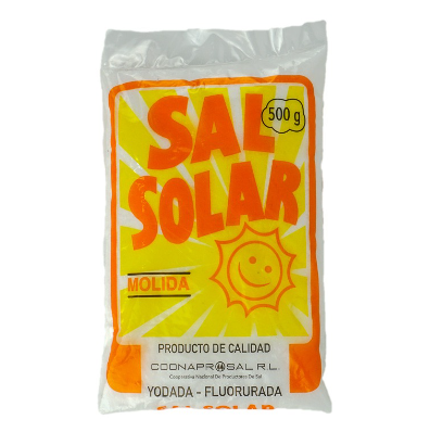Sal molida con flúor y yodo, Marca Solar, Bolsa 500 g