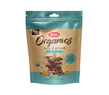 Chocolate organics 70% Cacao Sin Azúcar Gallito Bolsa 120g