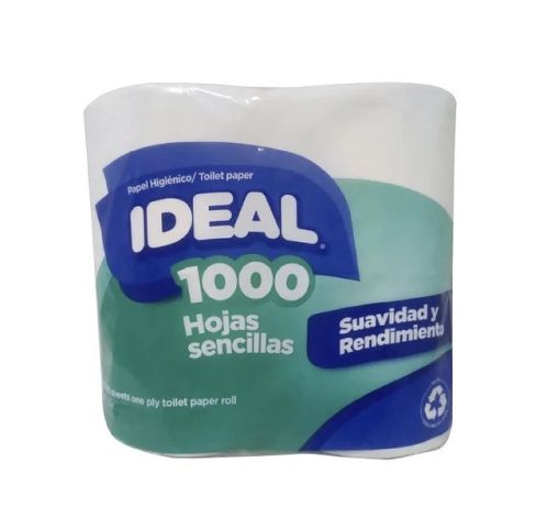 Papel Higienico 1000 Hojas, Marca Ideal, 4 Rollos